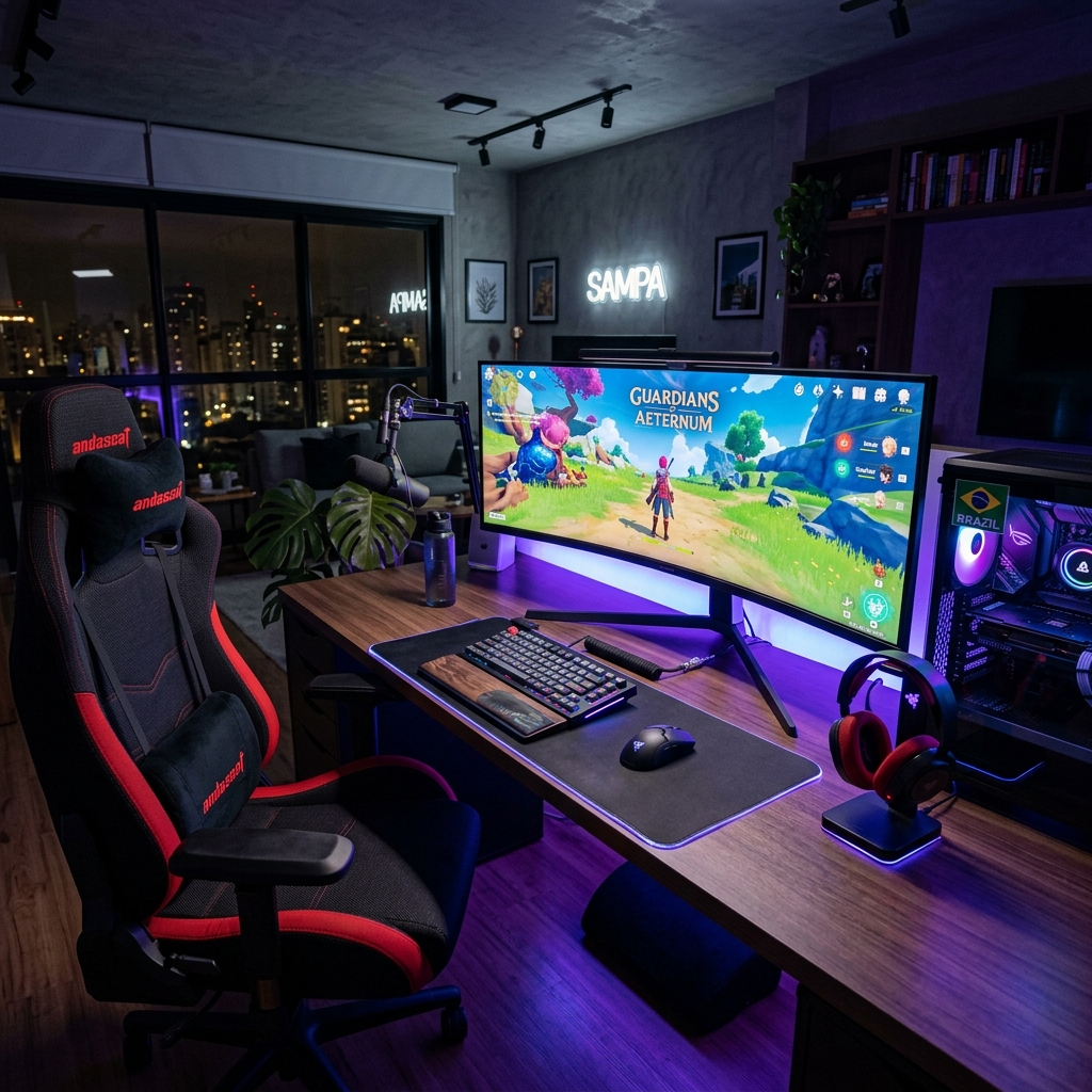 Setup gamer premium com cadeira ergonômica, mesa com RGB e monitor ultrawide