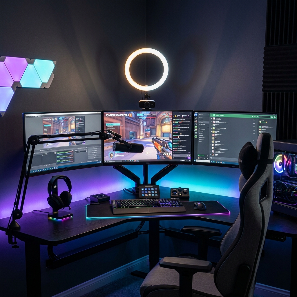 Setup streamer profissional com mesa em L e três monitores