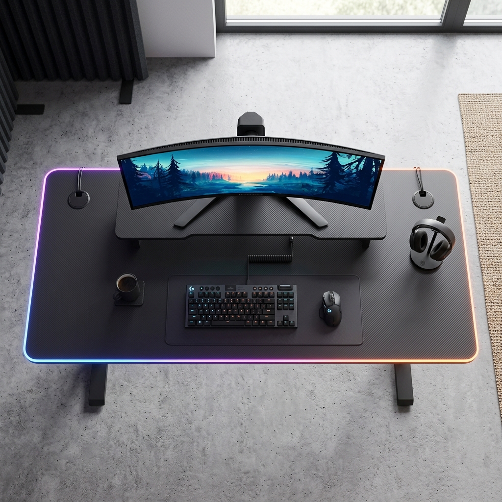 Mesa gamer com RGB integrado e monitor ultrawide