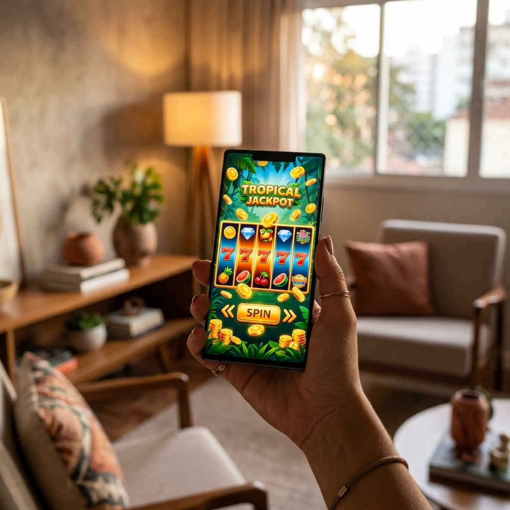 Pessoa acessando tipos de jogos online pelo celular no conforto do lar